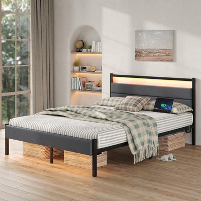 Bed Frames with Charging Station, LED Lights Bed with Grey Upholstered Headboard, Under Bed Storage, No Box Spring Needed, Noise Free, Easy Assembly