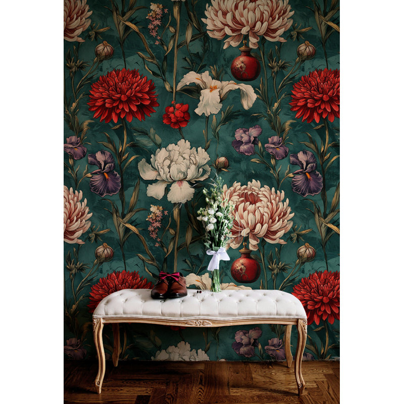Vintage Botanical Wallpaper Red and White Floral Wall Mural Peel and Stick Roll