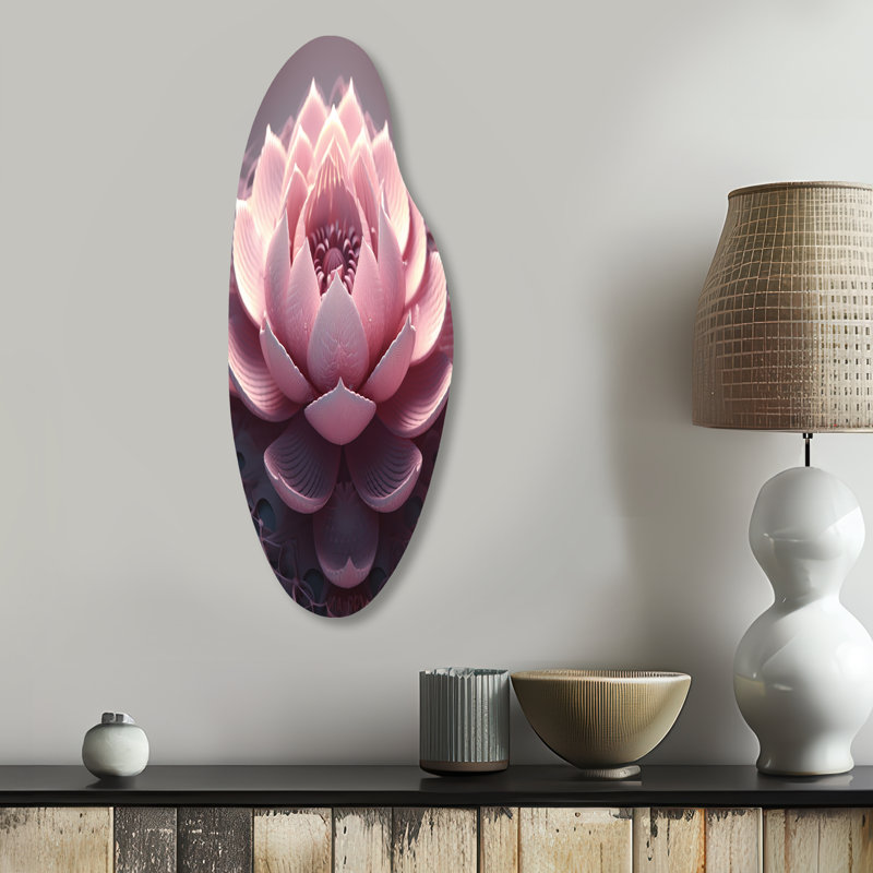 «Tender Blossoming», fleur de lotus rose I - art mural asymétrique en forme de lotus en métal, H 30 po x l 11 po