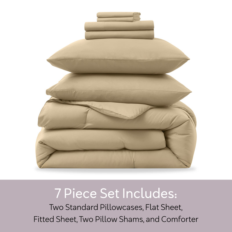 Soft Microfiber 7 Piece Comforter Set with Sheets, Beige, King Comforter + 6 Additional Pieces