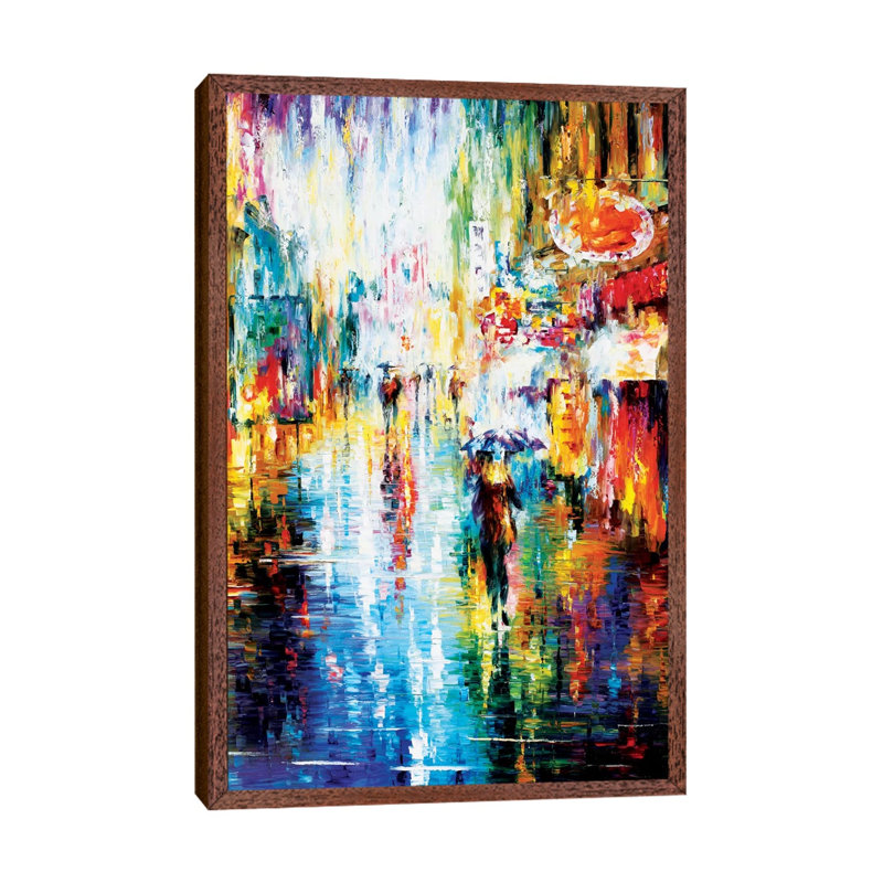 Heavy Downpour by Leonid Afremov - Painting on Canvas, 101.6 cm H x 66.04 cm W, Classic Brown Wood Framed Canvas