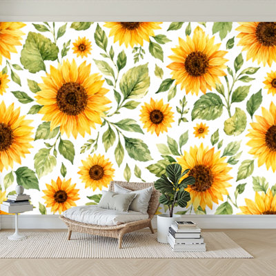 Papier peint adhésif pelez et collez papier aquarelle fleurs tournesols tournesols d'été sans couture papier adhésif de contact amovible pour le salon Chambre à coucher H 100 po x l 144 po