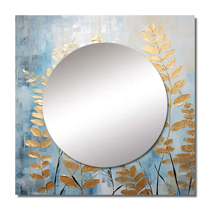 Cozzie - Blue And Golden Ferns Breeze Symphony I Floral & Botanical Square Living Room Wall Mirror Art, 23" x 23"