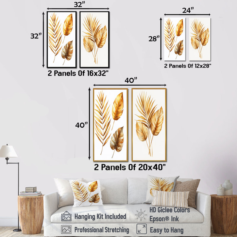 Ensemble de 2 feuilles d'art brun brun et feuilles beige I - palmiers et palmiers, H 32 po x l 32 po, Ne s’applique pas