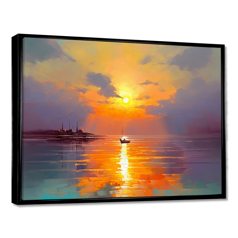 Bateau qui quitte le port, coucher de soleil doré - décor d'art mural coucher de soleil, H 30 po x l 40 po x P 1,5 po
