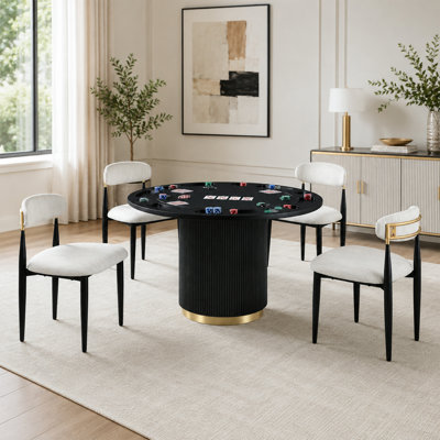 Ensemble de table de salle à manger 5 pièces de style contemporain avec 4 chaises rembourrées, table de poker ronde de 52 po avec porte-gobelets, base en roseau avec accents dorés, ensemble de jeu et de salle à manger convertible pour 4 joueurs