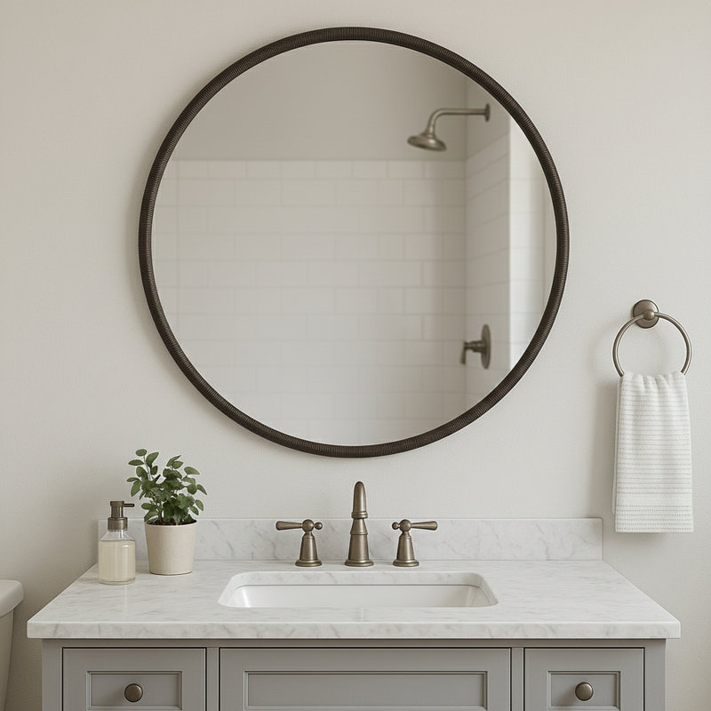 36" Brown Round Wall Mirror with Textured Iron Frame