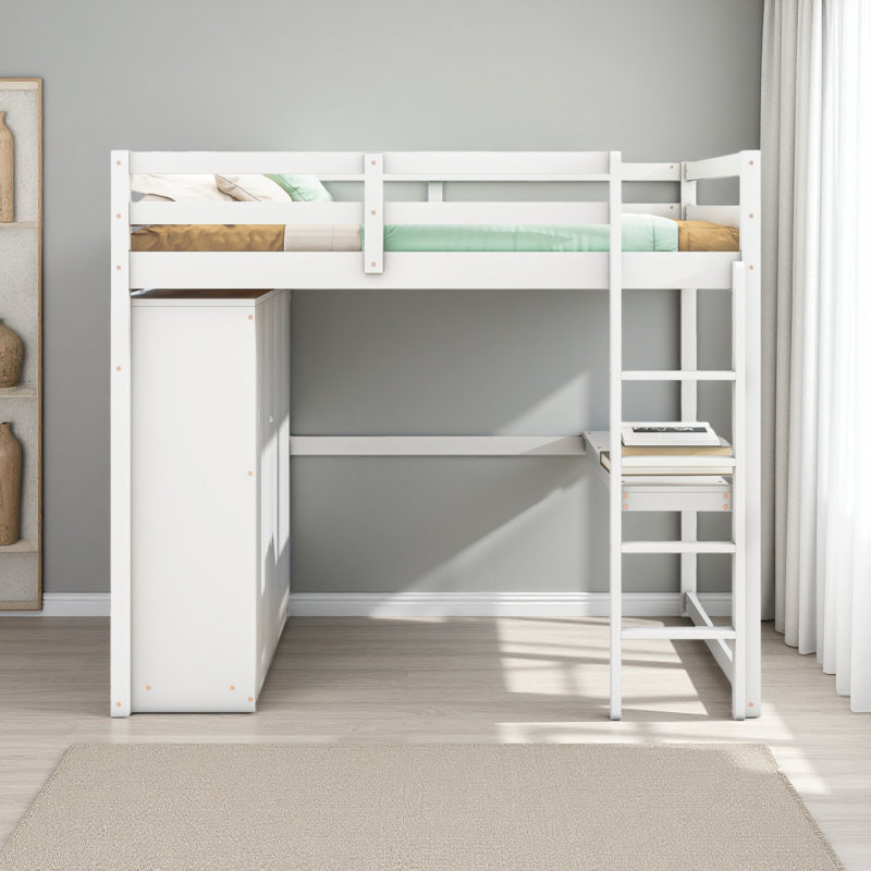 Lit mezzanine double en bois avec garde-robe intégrée, bureau, tablettes de rangement et tiroirs, Blanc