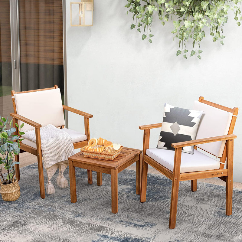 Ensemble 3 pièces de chaises de bistro d'extérieur avec coussins résistants à l'eau et table basse pour jardin sur la plage, blanc