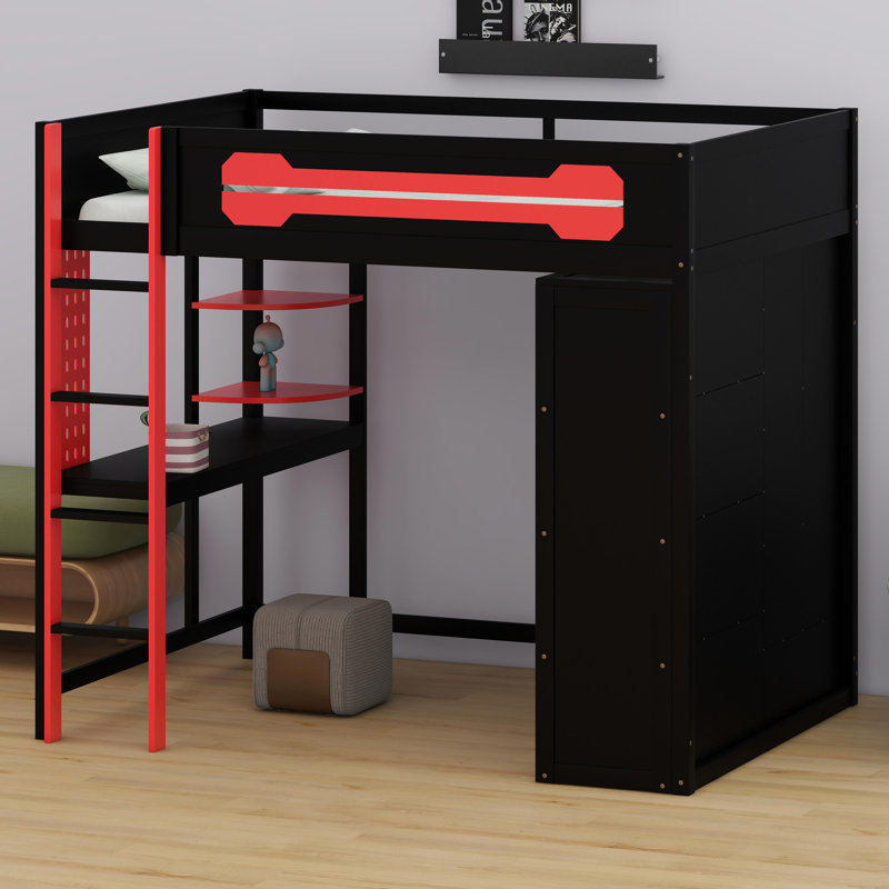Space-Saving High Sleeper Featuring Workspace, Accessible Wardrobe Storage, and Dynamic LED Light Strips, Red