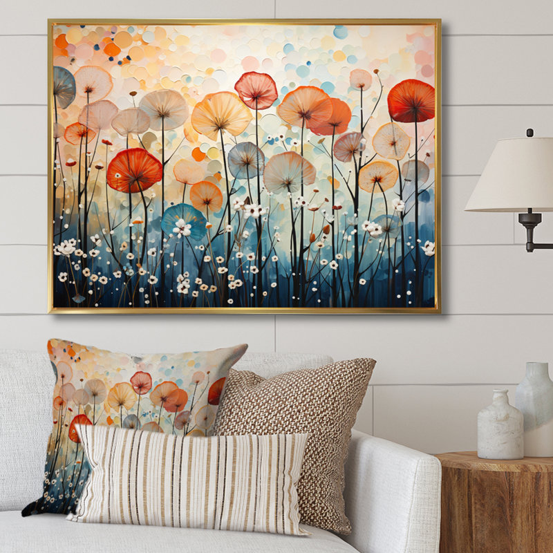 Coral Dandelion Floral Symphony II - Floral Wall Art Living Room, H 34 po x l 44 po x P 1,5 po, Cadre flottant doré