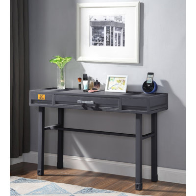 Gunmetal Metal Vanity Desk With One Drawer, Straight Legs, Iron Plate Surface, Recessed Panel Accent, Side Glide Single Handle Hardware, Manual Close, 39"L X 16"W 25"H Knee Space Drawer Desk, Frame,