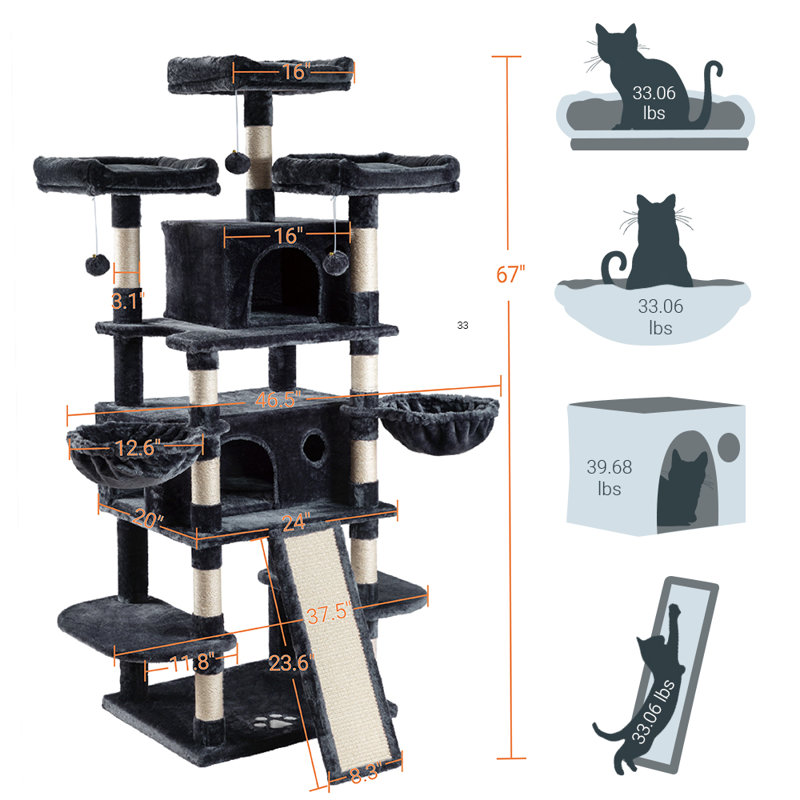 Arbre à chat à plusieurs niveaux pour condos à griffer et poteaux à griffer de 68 po Lima Pet, Bleu gris