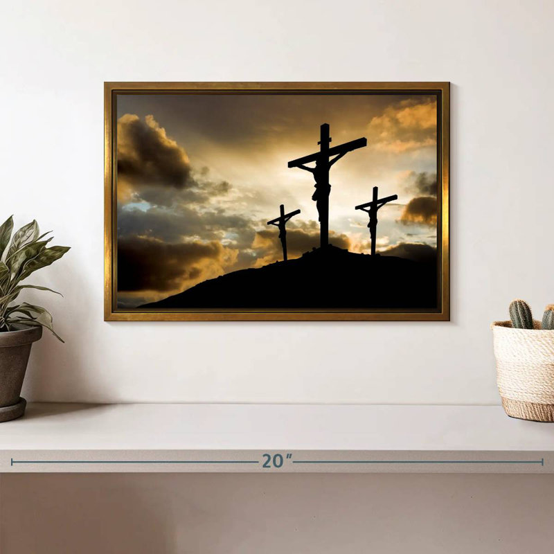 Croix au calvaire, Cadre flottant doré, 13 po x 9 po