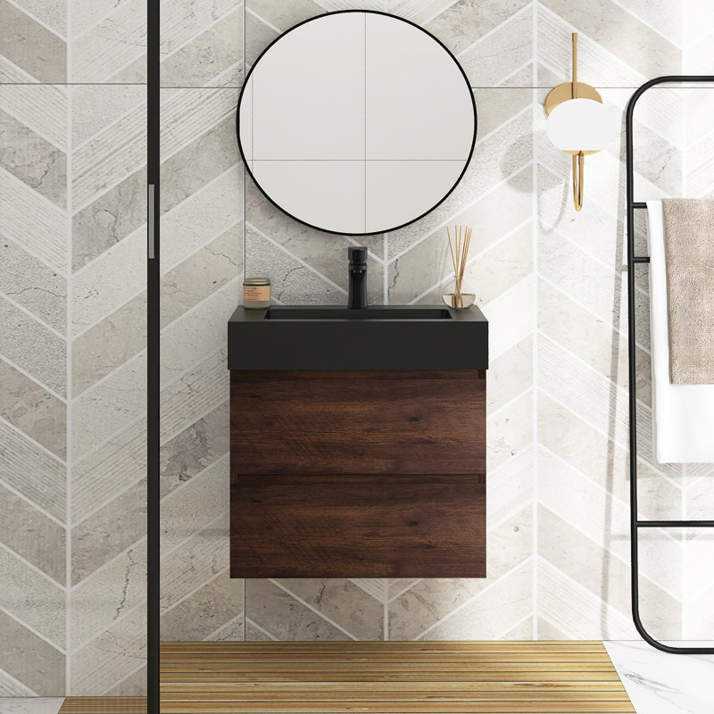 Meuble-lavabo mural simple Sherranda, Noir, Noyer, H 25 po x l 24 po x P 18 po