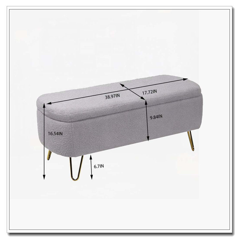 Banc de rangement rabattable en fausse fourrure avec pieds dorés, Gris
