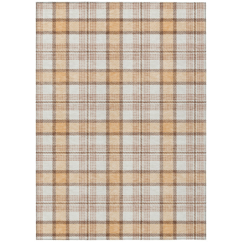 Peach and Beige Plaid Washable Synthetic Rug, 3' x 5'