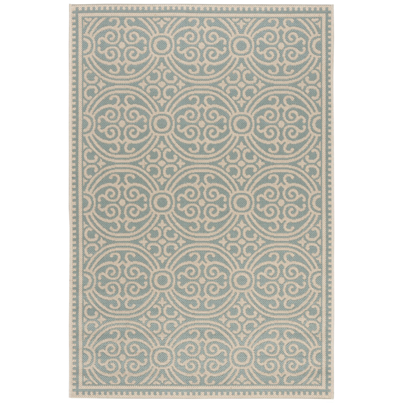Gilmore Hooked Indoor/ Outdoor Cream/Aqua Rug, Rectangle 79 x 152 cm