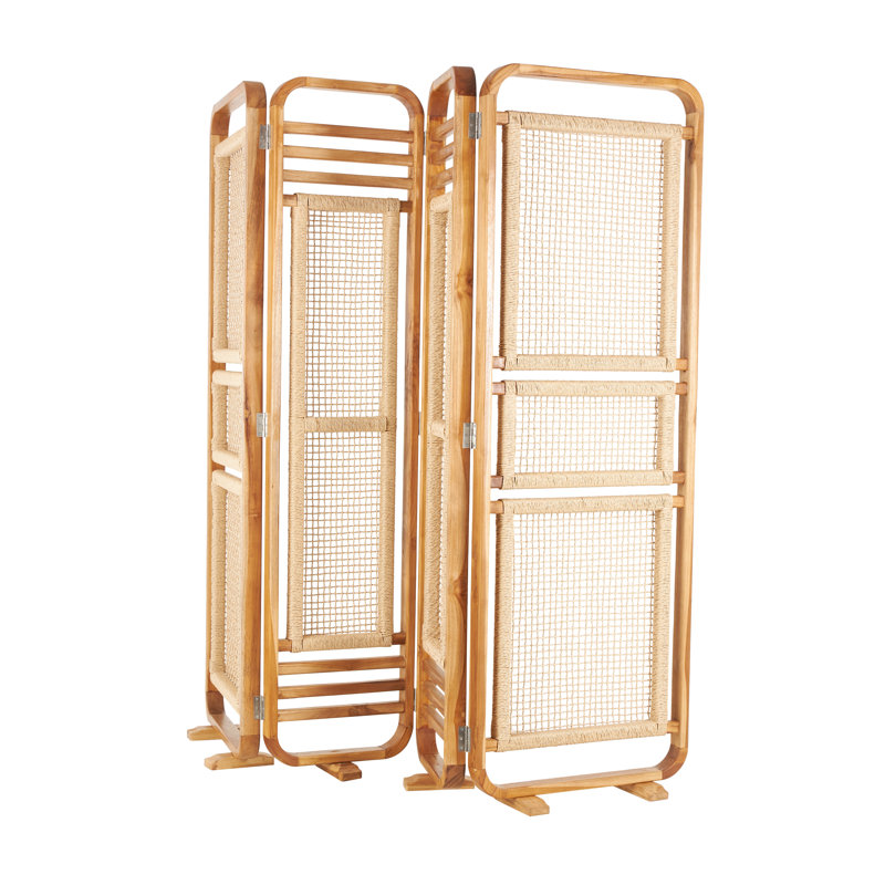 Paravent en bois de teck cloisonné pliable à 4 panneaux en teck avec panneaux en rotin tissés à la main