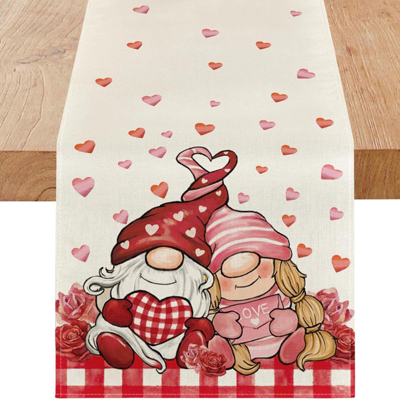 Valentine's Day Gnome Table Runner 13 X 72 Inch, Plaid Stripes Farmhouse Dining Table Decor, Seasonal Anniversary Kitchen Dining Table Decoration For Indoor Home Party