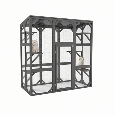 Catio Outdoor Cat Enclosure with Six Platforms, Large Enter Door, and Waterproof Roof for Multiple Cats, Grey