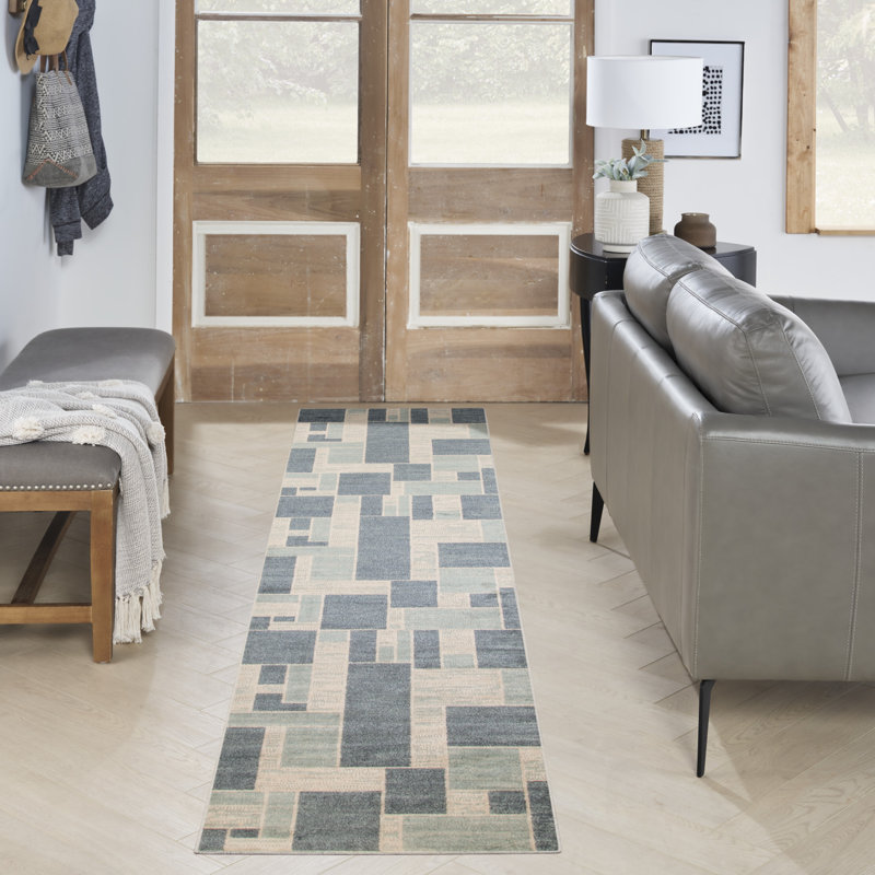 Tapis bleu / ivoire en polyester tissé à la machine Borisas, Tapis de couloir 2 pi 2 po x 8 pi