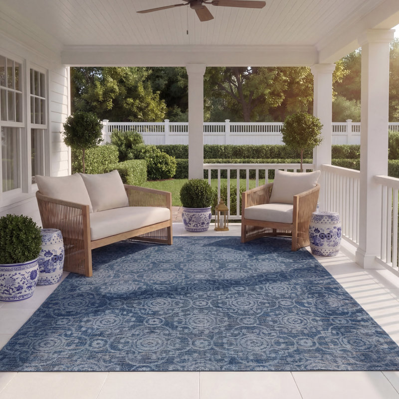 Tapis bleu marine / beige en polypropylène / polyester / latex tissé à la machine Lanza, Rectangle 8 pi x 11 pi