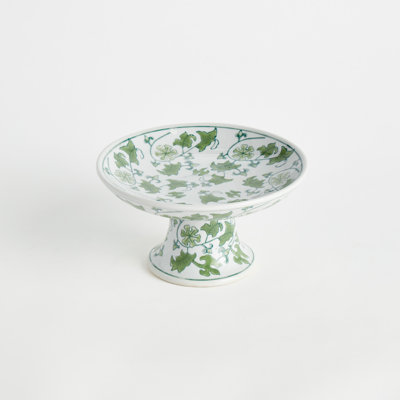 Celadon Ceramic Chinoiserie Green and White Imperial Foliage Compote Small