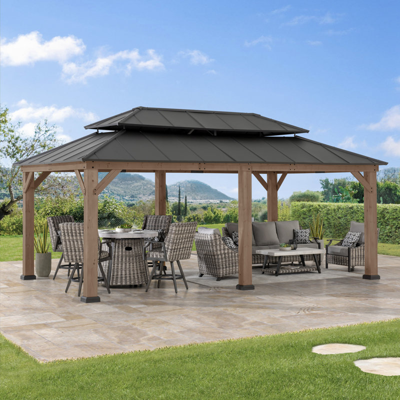 SUNJOY 12 x 20 ft. Wood Gazebo, Outdoor Patio Cedar Framed Wooden Hardtop Gazebo with 2-Tier Metal Roof, Suitable for Patios, Lawn, and Backyard, Dark Brown Roof + Dark Wood Frame