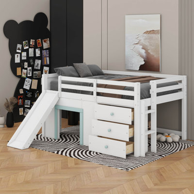 Full Size Low Loft Bed With Slide,Storage Drawers And Two Doors
