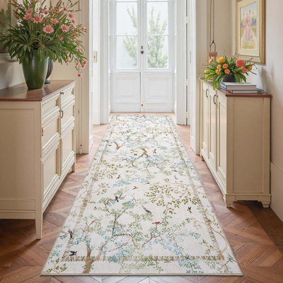 Floral Rug Botanical Birds Print Nature Plants Washable Non-slip Natural Ivory