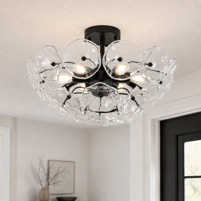Modern 6-Light Black Semi-Flush Mount Ceiling Light With Clear Glass Shades