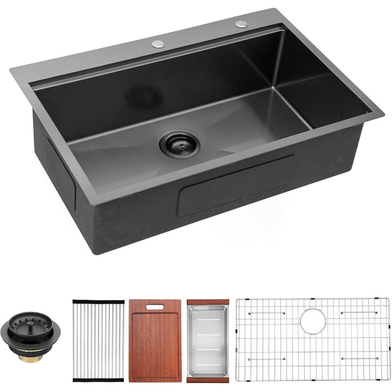 Évier de cuisine à montage sur plan 33 po Kithchen - Évier de cuisine encastré à simple cuve en acier inoxydable de calibre 16 x 33 po x 22 po avec accessoires