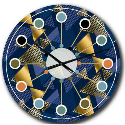 Retro Luxury Waves In Gold and Blue IX - Mid-Century Modern wall clock