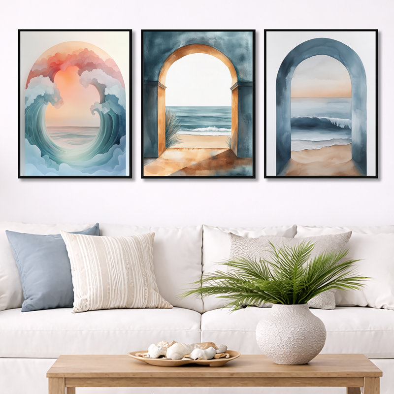 «Arch Waves Horizon», ensemble de 3 toiles encadrées encadrées, 32" H x 72" W, Black Floater Framed