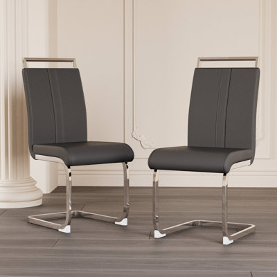 2Pcs Modern Guest Dining Chairs - Grey Pu Leather With Metal Legs For Room, Kitchen, Office, Living Vanity, Patio, Club Comfortable And Elegant Of 2, Faux High Back Legs, Area