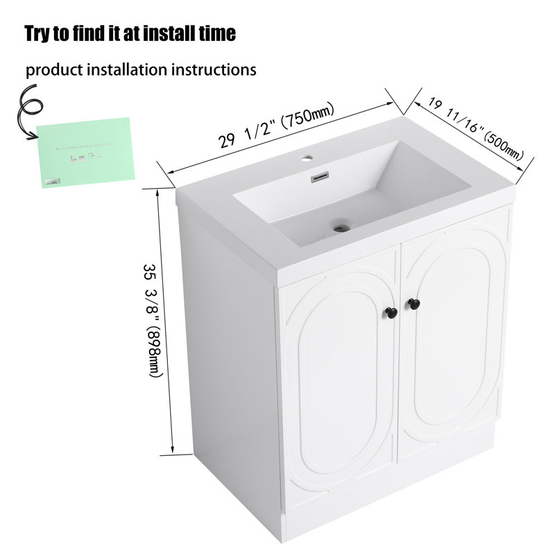 Meuble-lavabo sur pied simple de 30 po avec comptoir en résine, Blanc