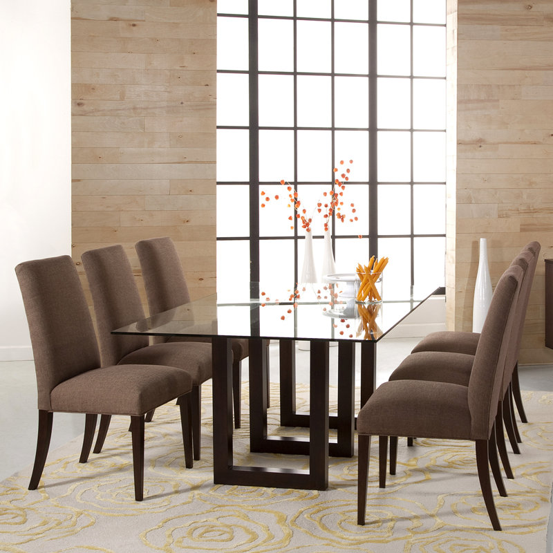 Reesa Glass Top Solid Wood Base Dining Table, Walnut, 29" H x 84" L x 44" W