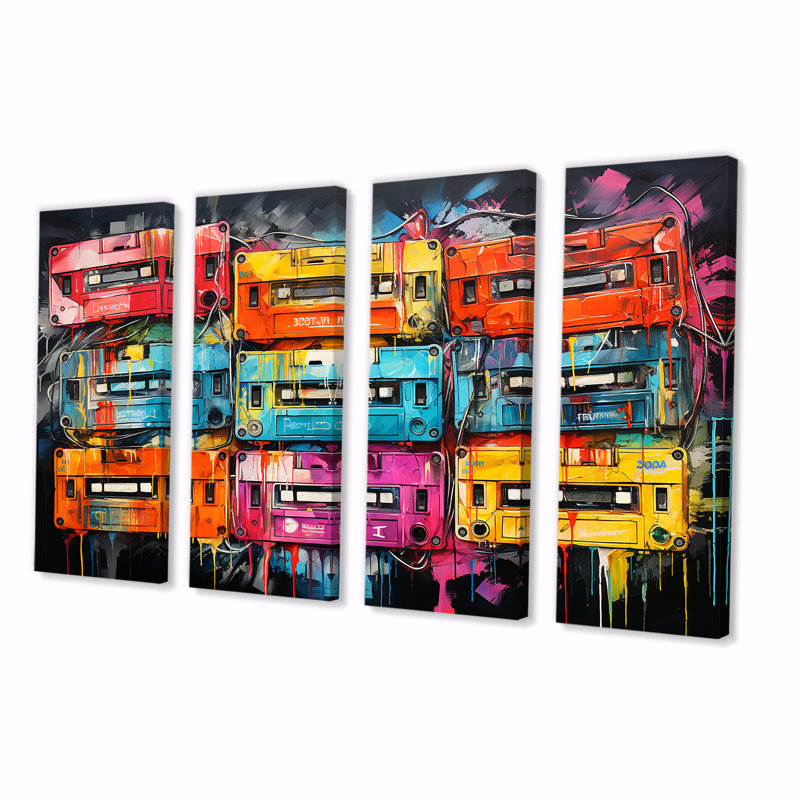 Neon Groove Cassette Tapes II - Cassette Tapes, art mural 4 pièces pour le salon, H 28 po x l 48 po
