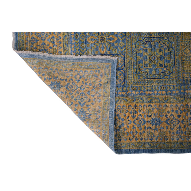Hand Knotted Wool Area Rug in Blue And Yellow