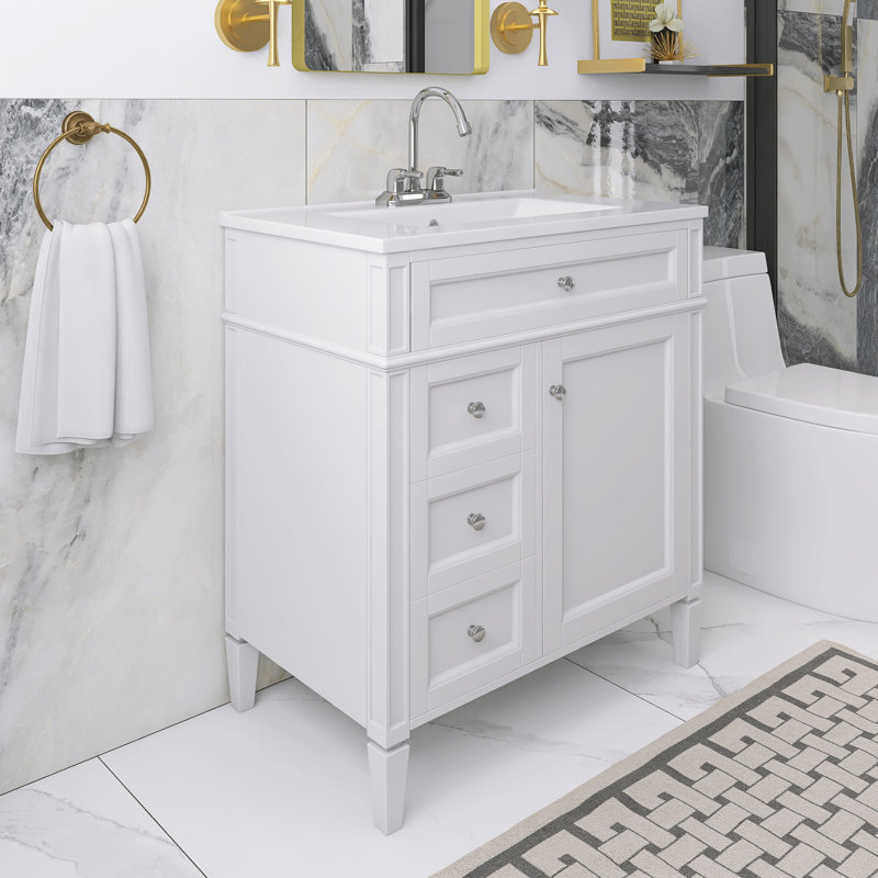 Meuble-lavabo simple autoportant de 30 po avec plateau en céramique, Blanc, Argent argent