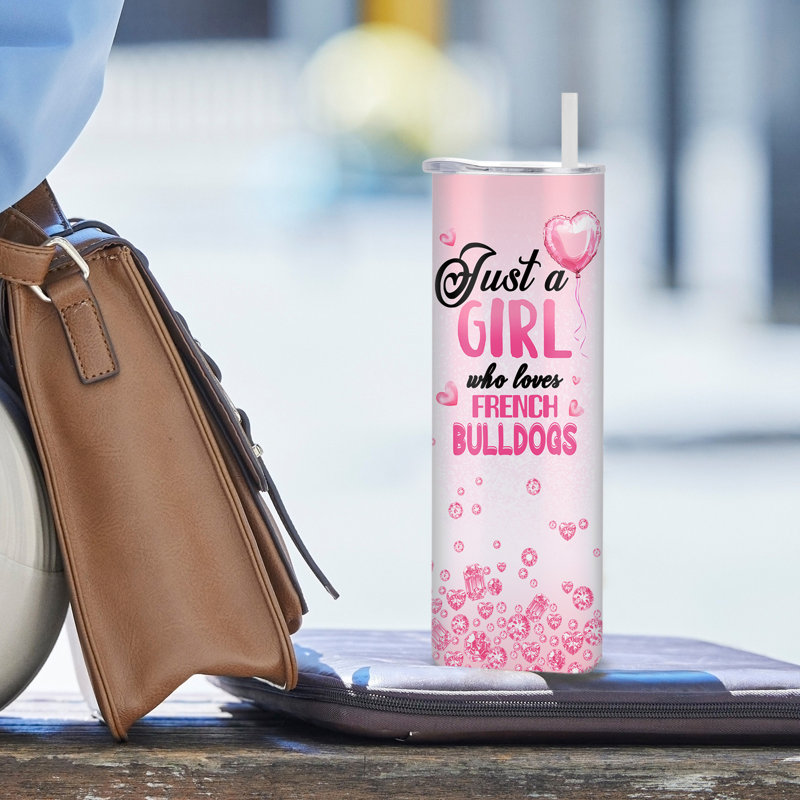 20 oz Gobelet français à double paroi isolé sous vide en acier inoxydable avec couvercle et paille, bouledogue français rose