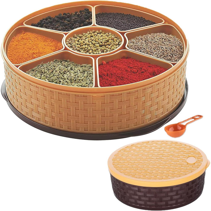 MantraRaj Round Plastic Masala Box 7 Compartments with Spoon Multipurpose Spice Box For Kitchen
