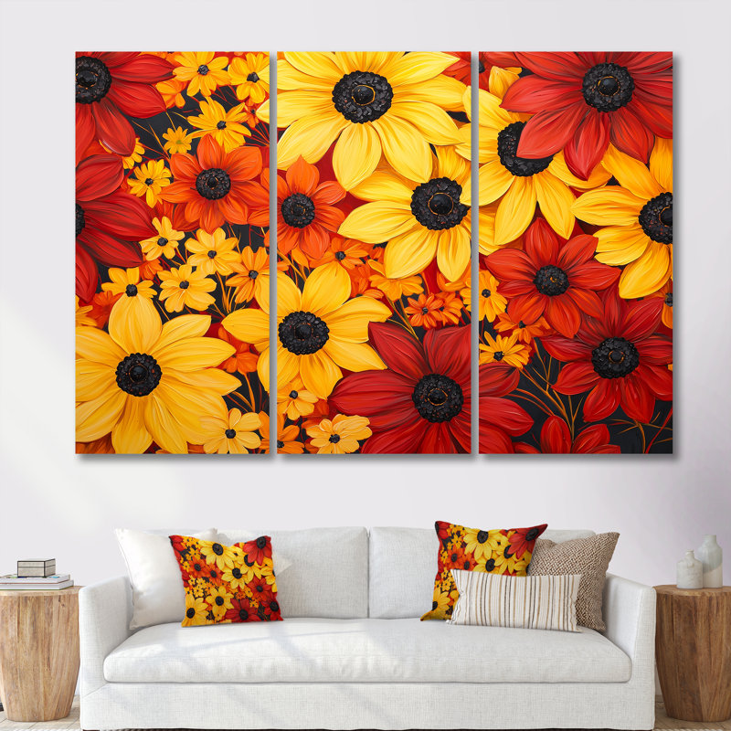 «Autumn Daisy Garden Charm I» - ensemble d'art mural marguerites, 32" H x 48" W, Wrapped Canvas, Does Not Apply