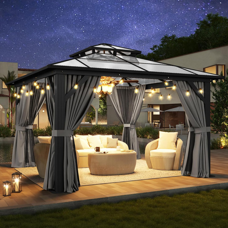 Pavillon de jardin permanent 12 pi x 12 pi avec cadre en aluminium avec rideaux et filet