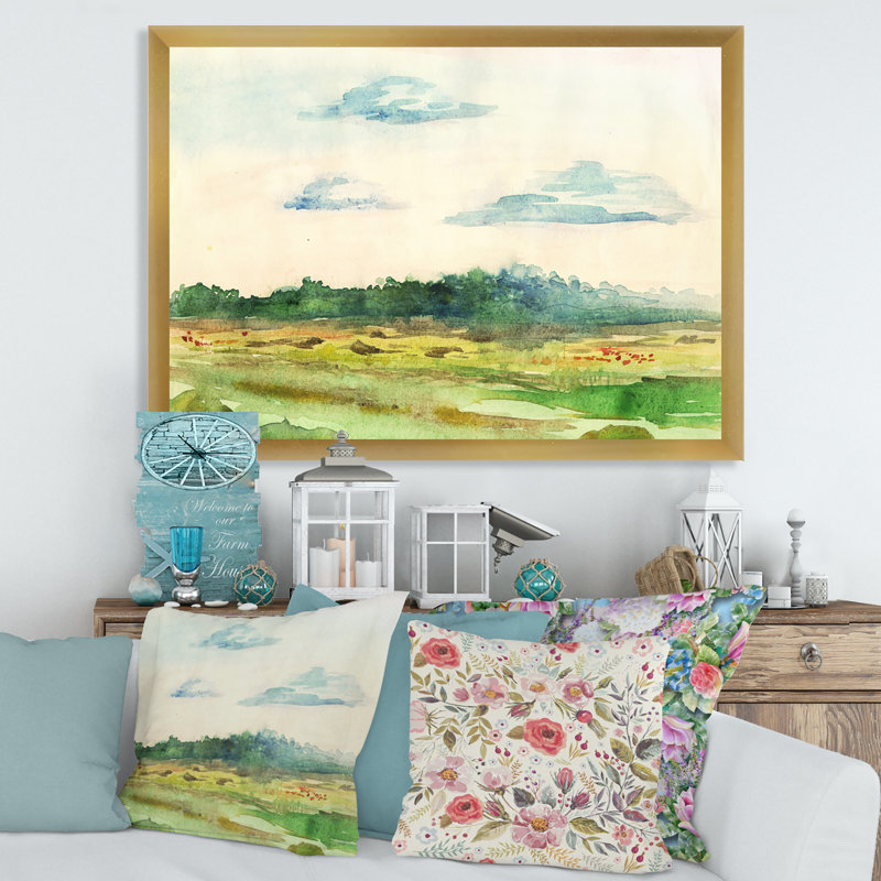 «Green Blossoming Summer Landscape», peinture sur toile, Toile encadrée d'or, H 30 po x l 40 po x 1,5 po