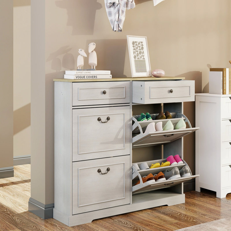 Range-chaussures avec 2 tiroirs, 4 tiroirs rabattables, range-chaussures autoportant avec tablette réglable, range-chaussures pour vestibule, vestibule, range-chaussures mince - blanc antique