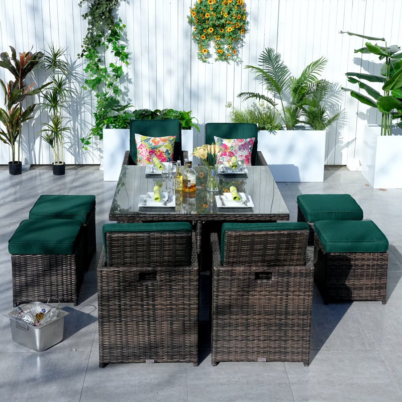 8 - Person Wicker Patio Dining Set with Square Table , Cushions Included, Atrovirens, Brown