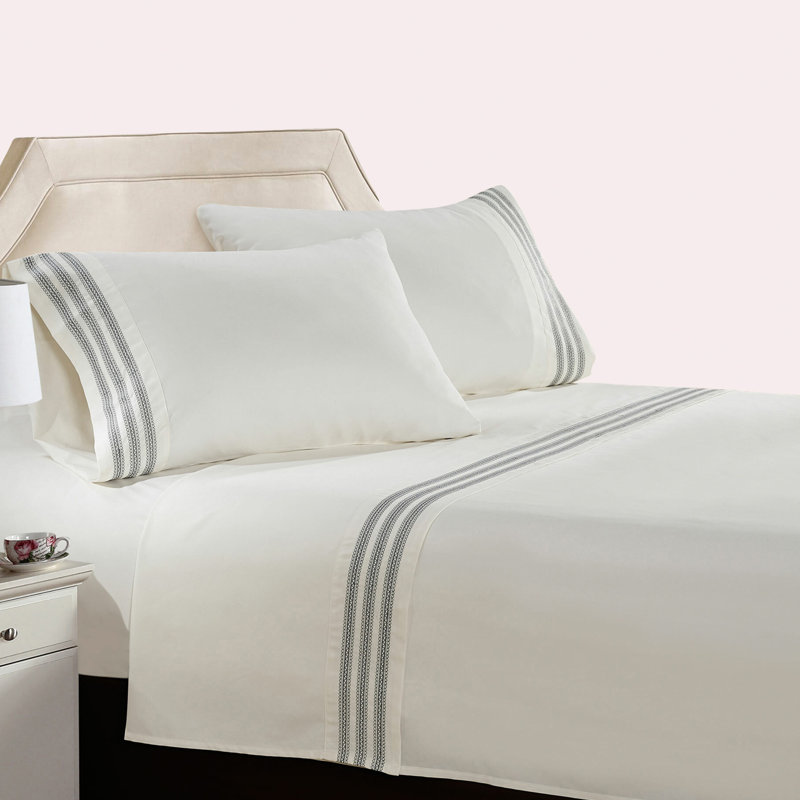 Trois Microfiber Striped Sheet Set, Cal.King Sheet Set+Fitted Sheet+2Pillowcases, Ivory