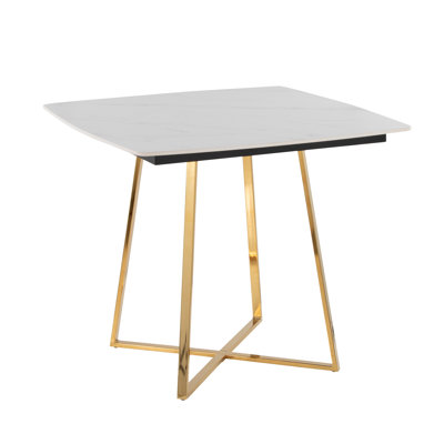 Table de salle à manger avec base en métal doré et bois noir, 36 po x 36 po x 30,5 po, céramique, marbre, métal, 1 pièce, tables de salle à manger, noir, doré, marbre blanc, style contemporain